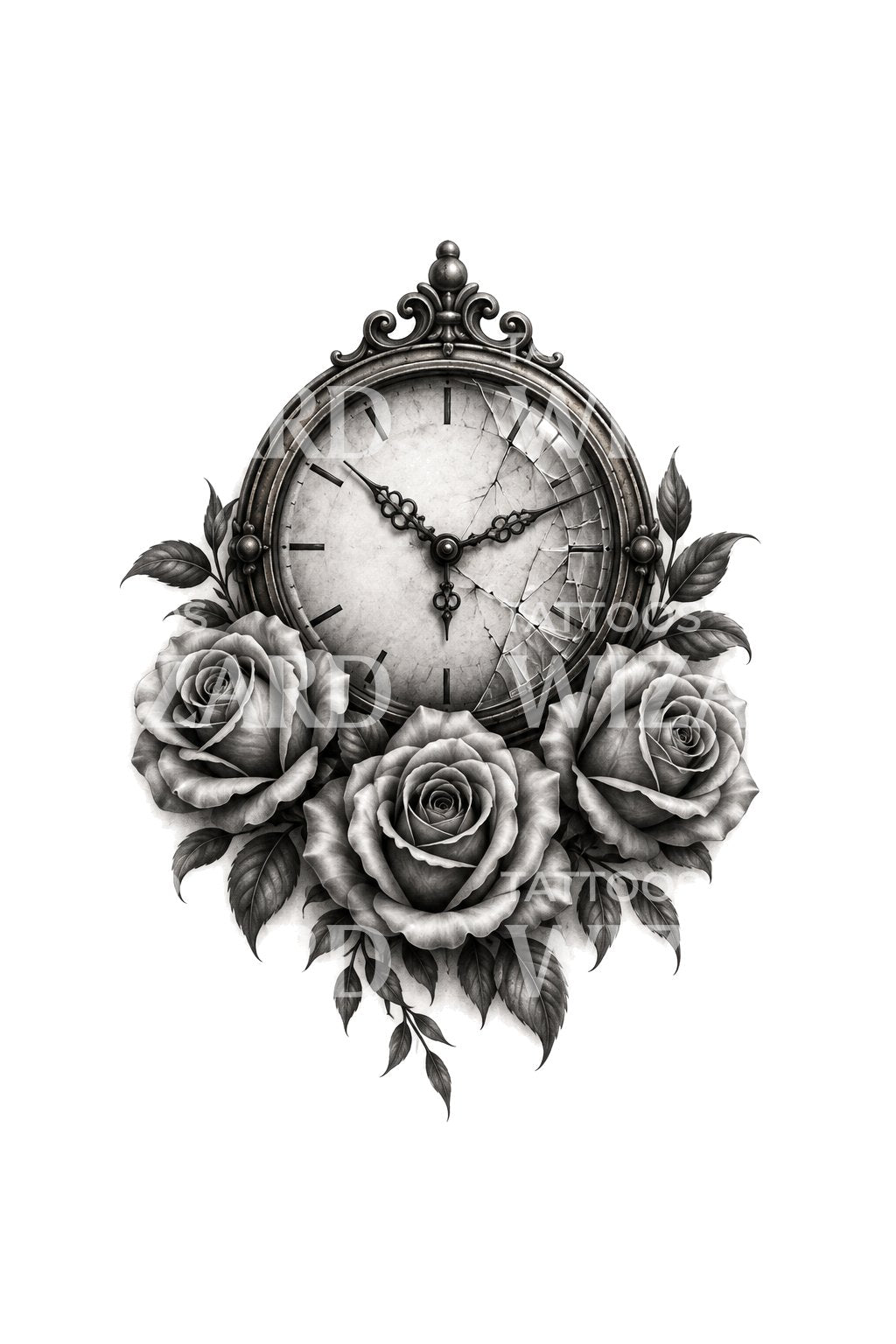 Tatouage d'horloge fissurée avec des roses