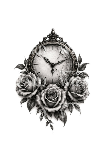 Tatouage d'horloge fissurée avec des roses