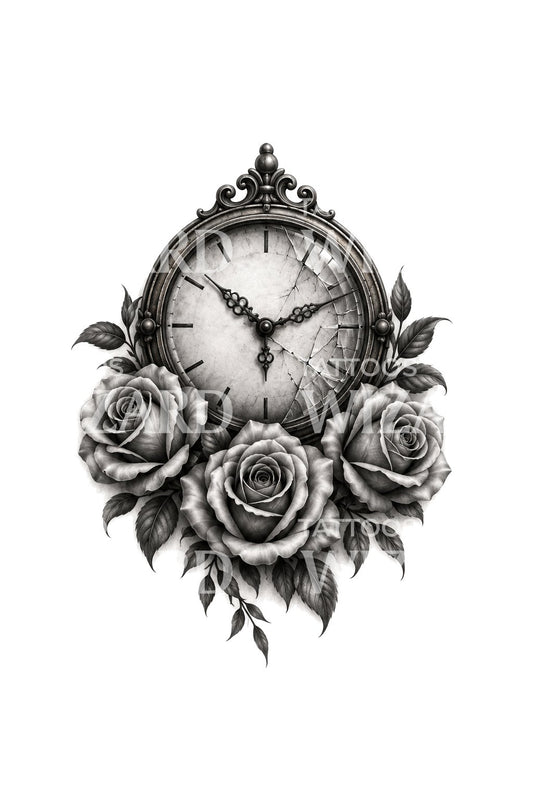 Tatouage d'horloge fissurée avec des roses