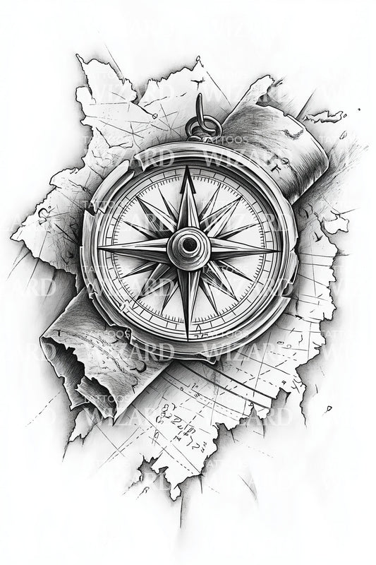 Cracked Compass Rose Tattoo Illustration