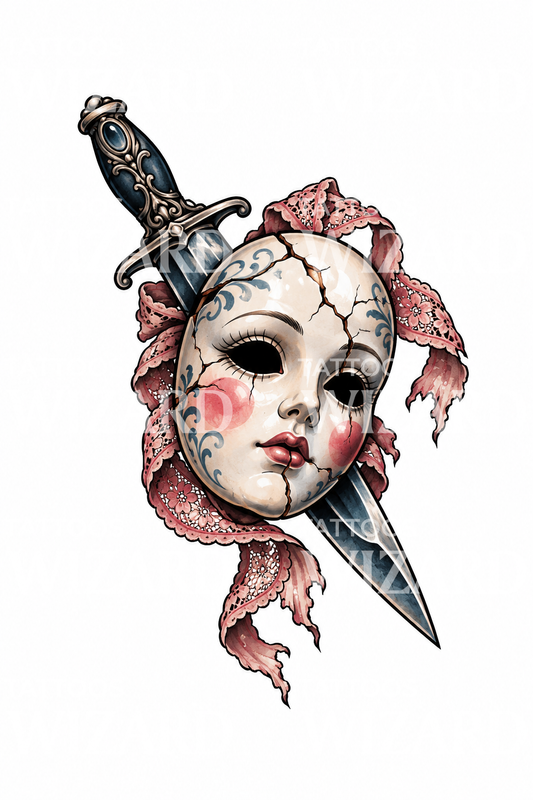 Cracked Doll Mask with Dagger Tattoo