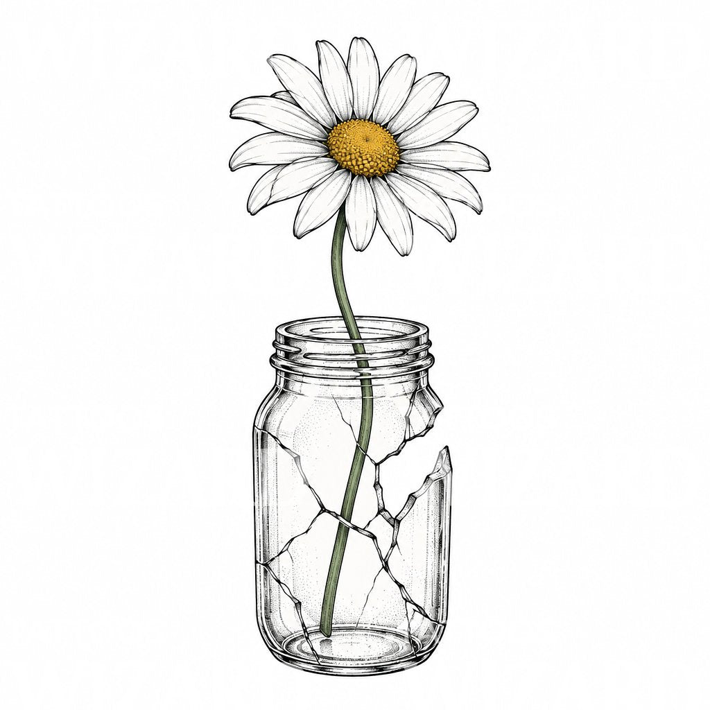 Tattoo af en marguerit i et revnet glas