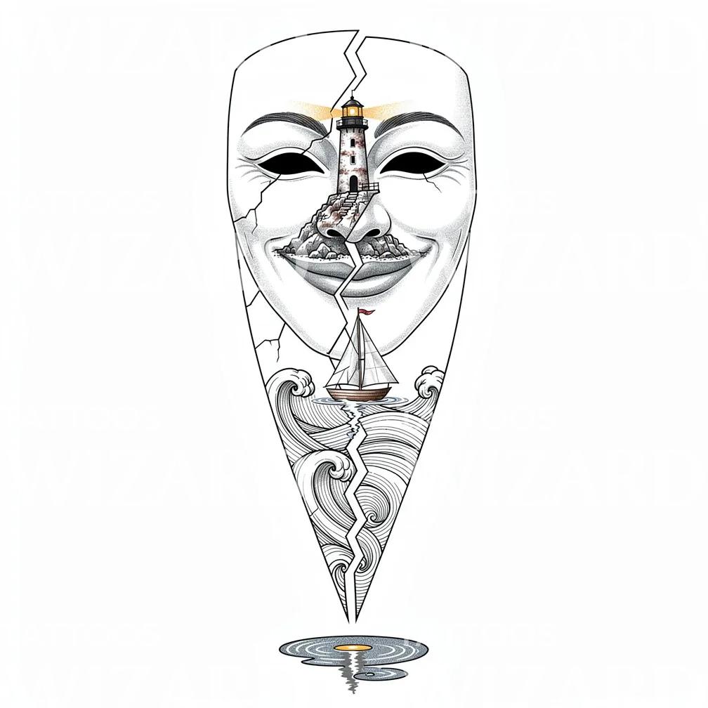 Cracked Mask Lighthouse Tattoo Design