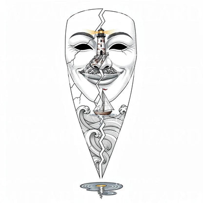 Cracked Mask Lighthouse Tattoo Design