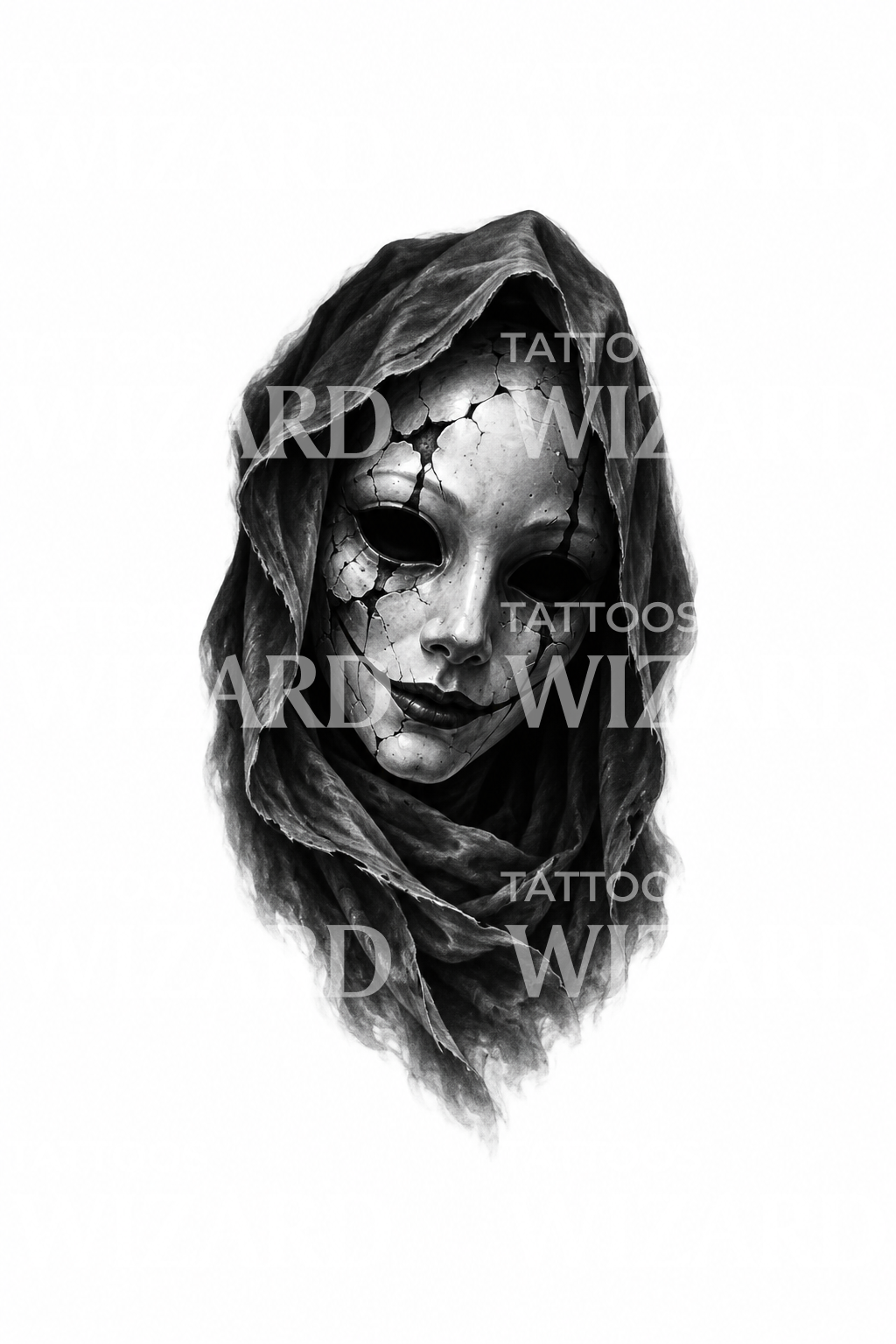Tatuagem de terror com máscara de porcelana rachada