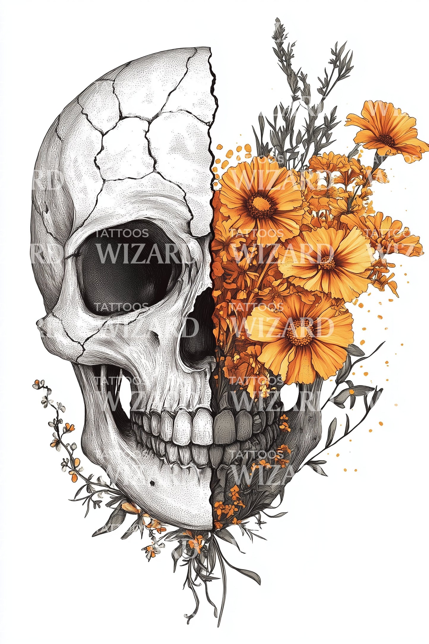 Desain Tato Tengkorak Retak Marigold