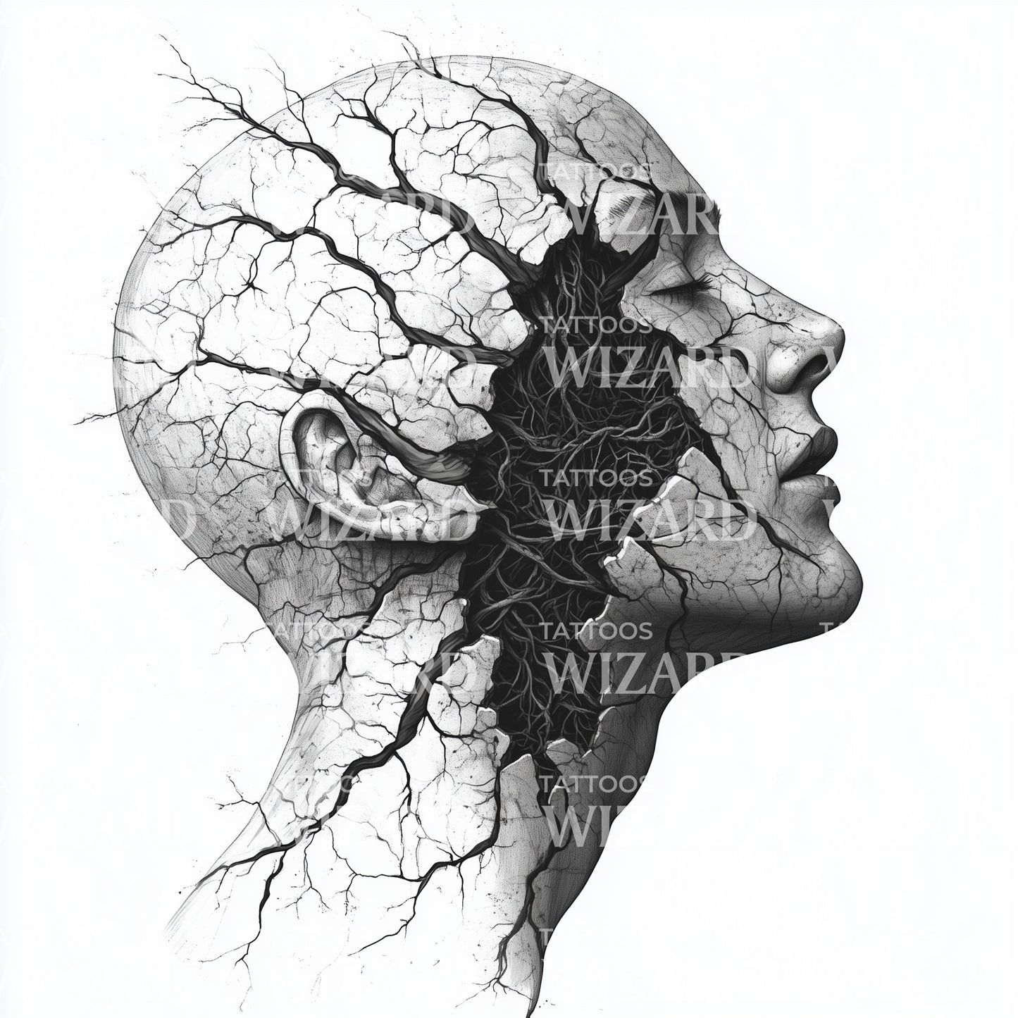 Cracked Soul: Head with Roots Tattoo Illustration