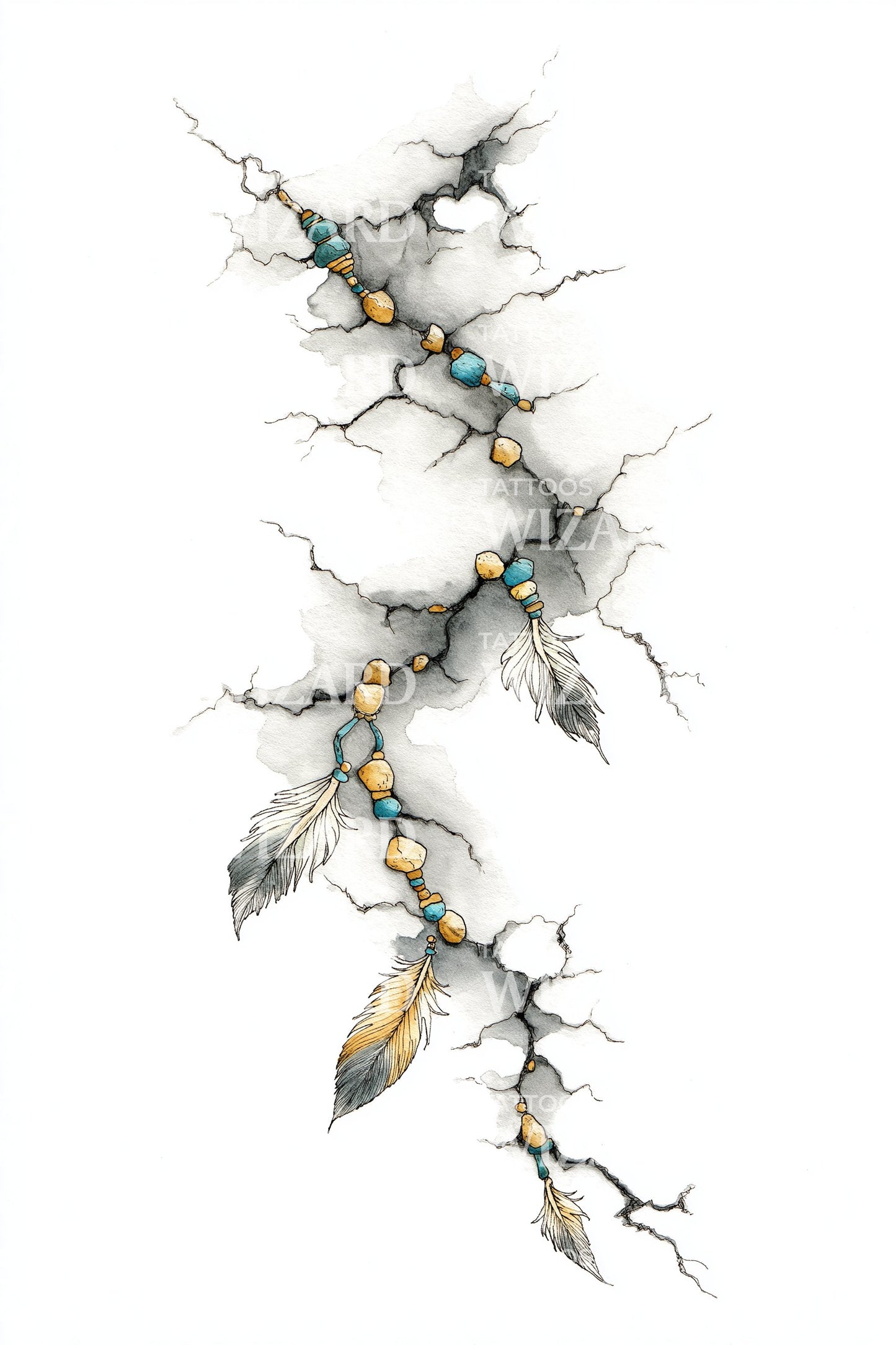 Cracked Vine with Feathers Tattoo Design