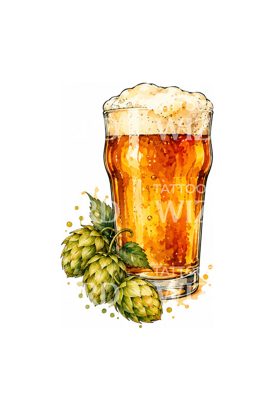 Craft Beer Pint and Hops Watercolor Tattoo