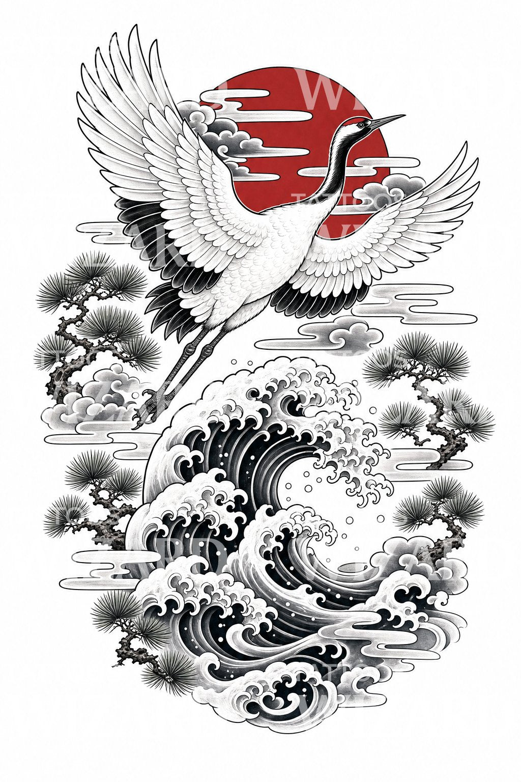 Motif de tatouage grue, grande vague et lever de soleil