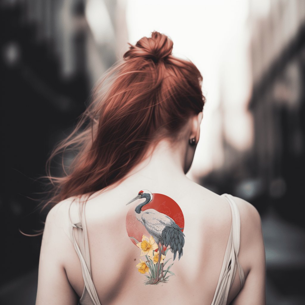 Red Sun Crane Tattoo Design