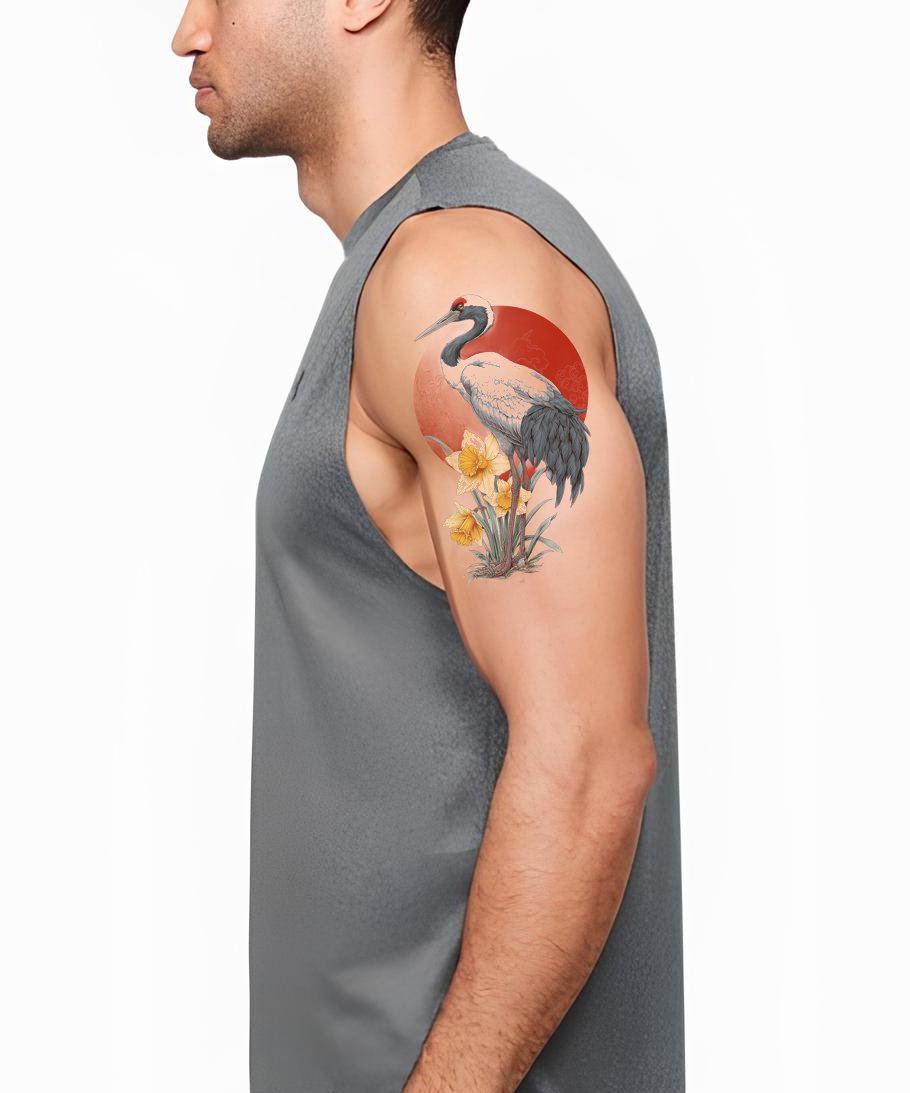 Red Sun Crane Tattoo Design