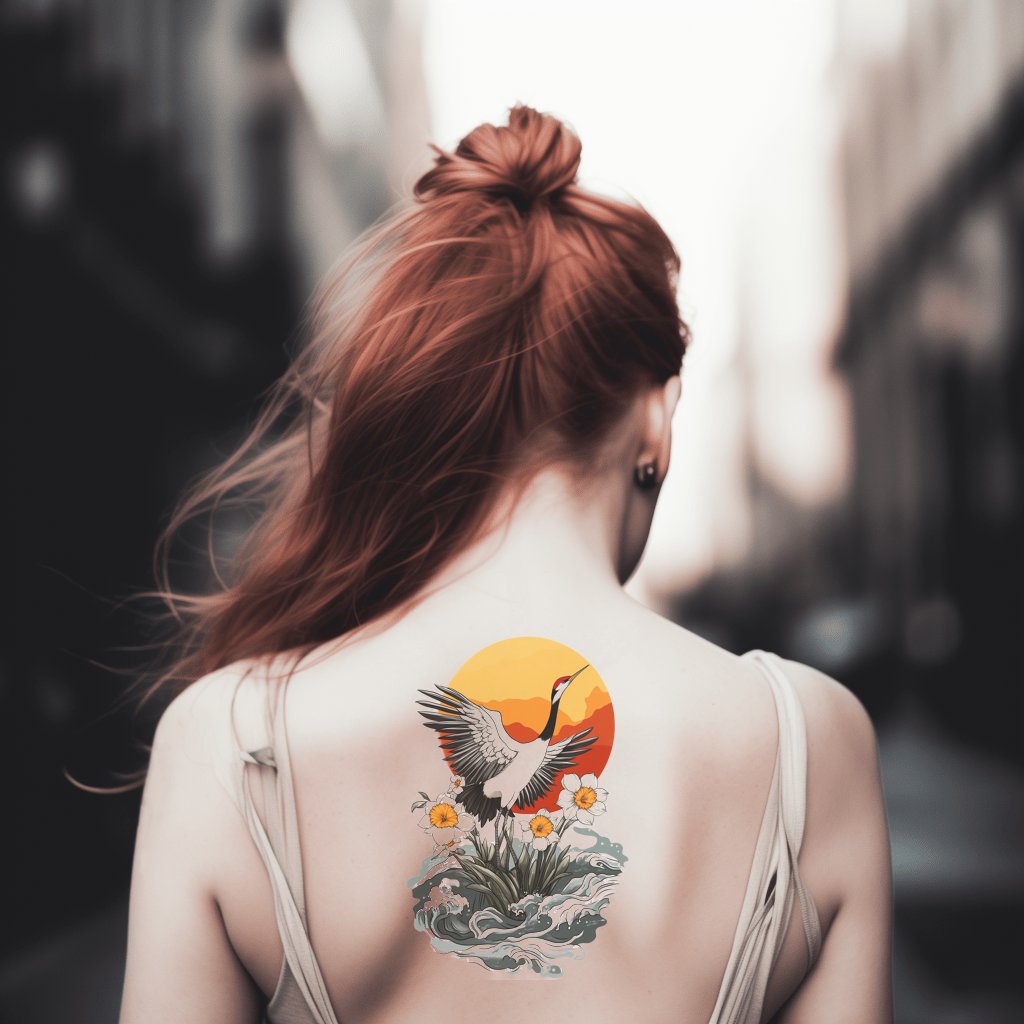 Rising Crane Sun Tattoo Design
