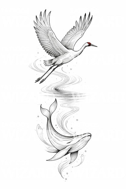 Crane Whale Harmony Tattoo Illustration