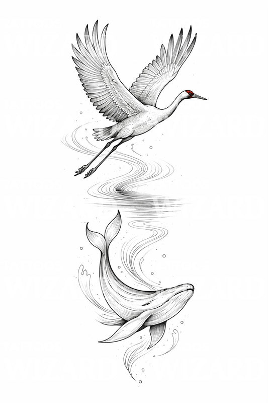 Crane Whale Harmony Tattoo Illustration