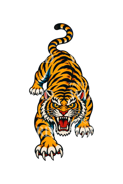 Crawling Snarling Tiger Traditional Flash Tattoo Design