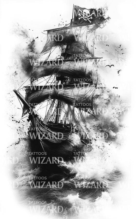 Crazy Pirate Ship on the Ocean Tattoo Design