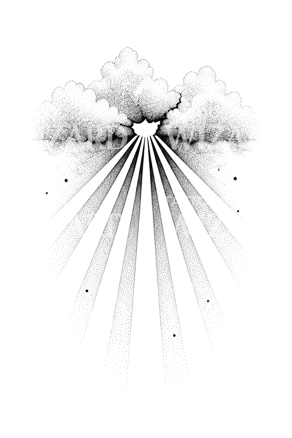 Diseño de tatuaje de rayos crepusculares entre nubes