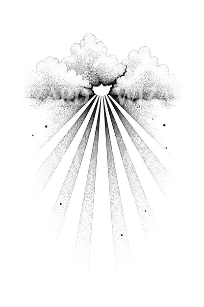 Diseño de tatuaje de rayos crepusculares entre nubes