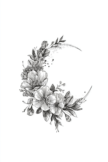 Crescent Bloom Wreath Tattoo Illustration