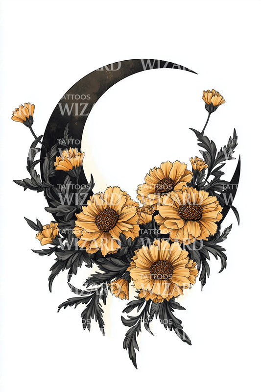 Crescent Floral Moon Tattoo Illustration