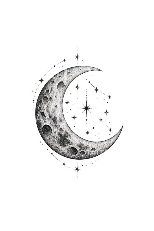 Tatuaggio dotwork con mezzaluna e costellazione