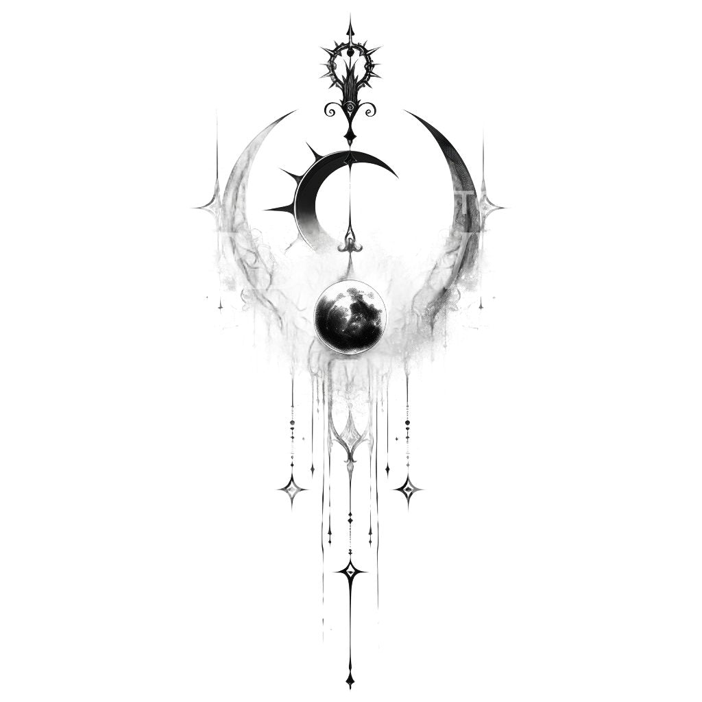 Crescent Moon and Gothic Cosmos Tattoo Design