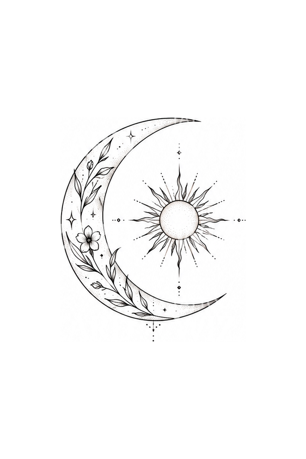 Feinlinien-Tattoo mit Mondsichel und strahlender Sonne