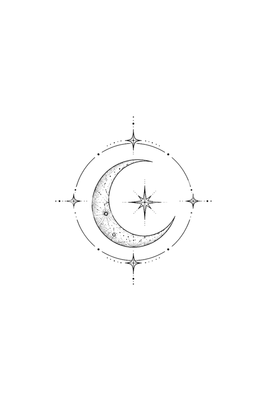 Crescent Moon and Star in Circle Fine Line Tattoo
