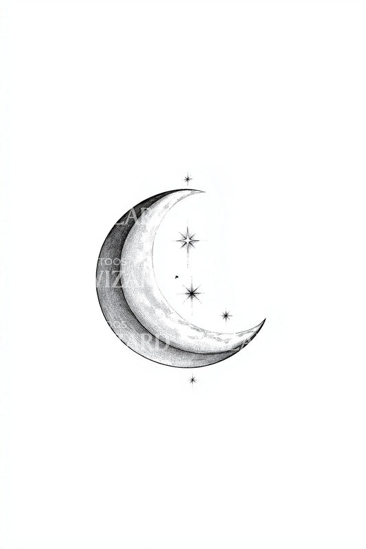 Crescent Moon and Stars Tattoo Design