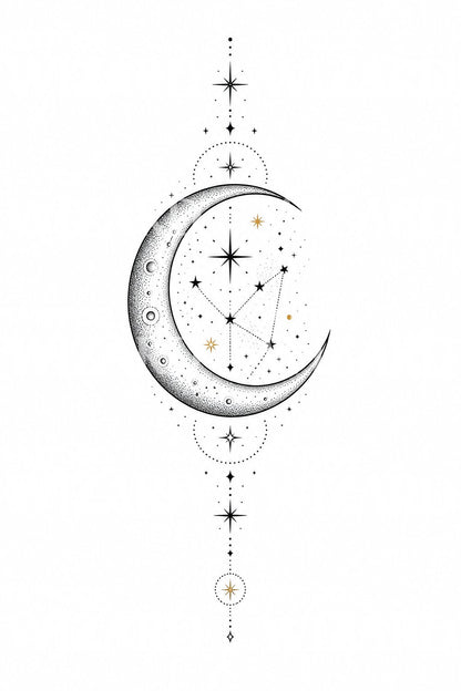 Crescent Moon and Stars Tattoo Design