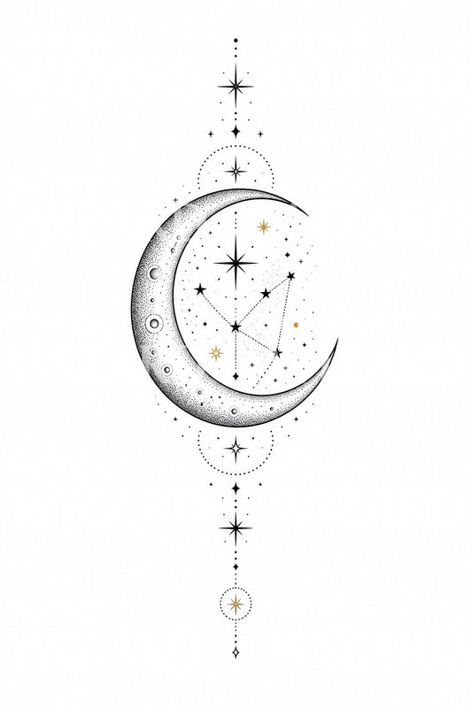 Crescent Moon and Stars Tattoo Design