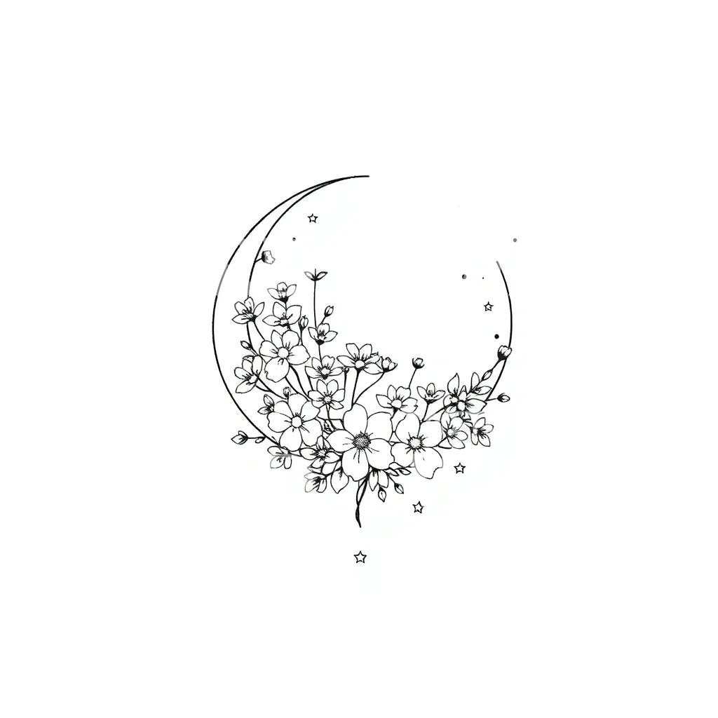 Crescent Moon Blossom Tattoo Design