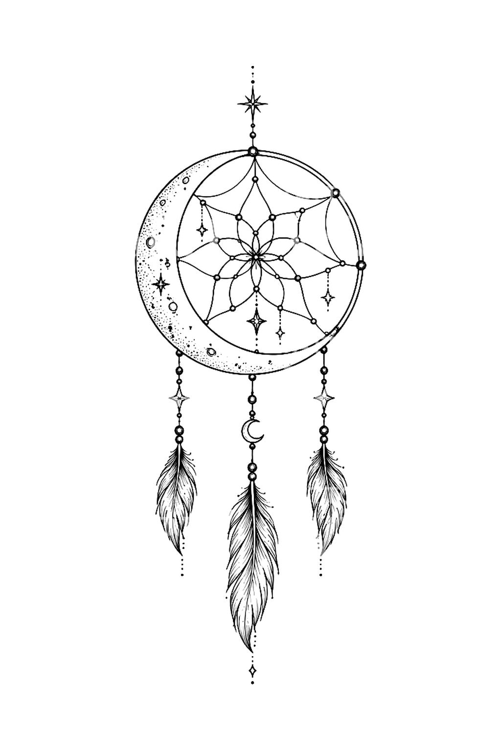 Apanhador de sonhos com lua crescente, ideia de tatuagem fine line