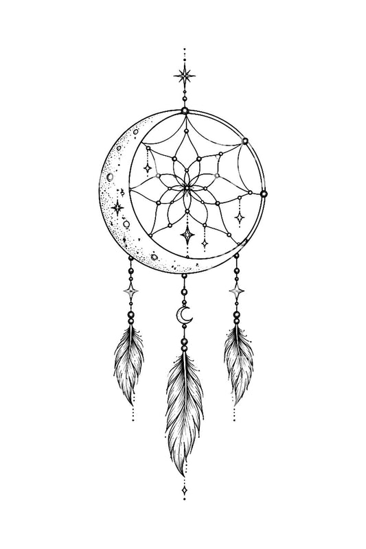 Crescent Moon Dreamcatcher Fine Line Tattoo Idea