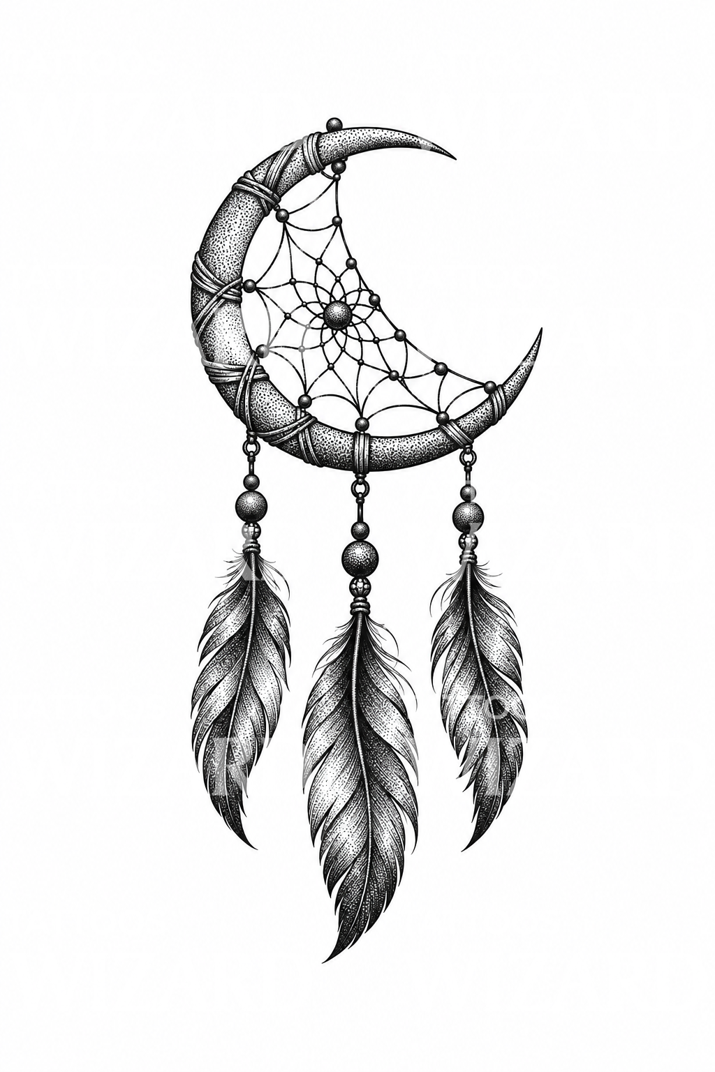 Stiplet tattooillustration med drømmefanger og halvmåne