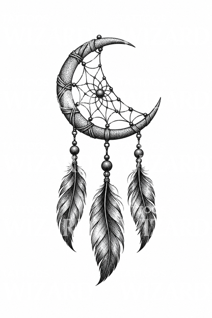 Stiplet tattooillustration med drømmefanger og halvmåne