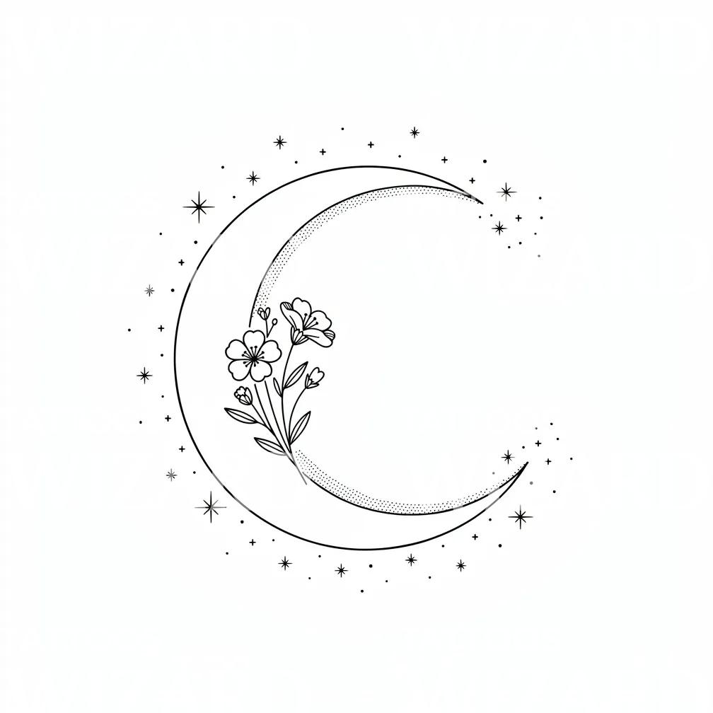 Crescent Moon Flower Tattoo Design