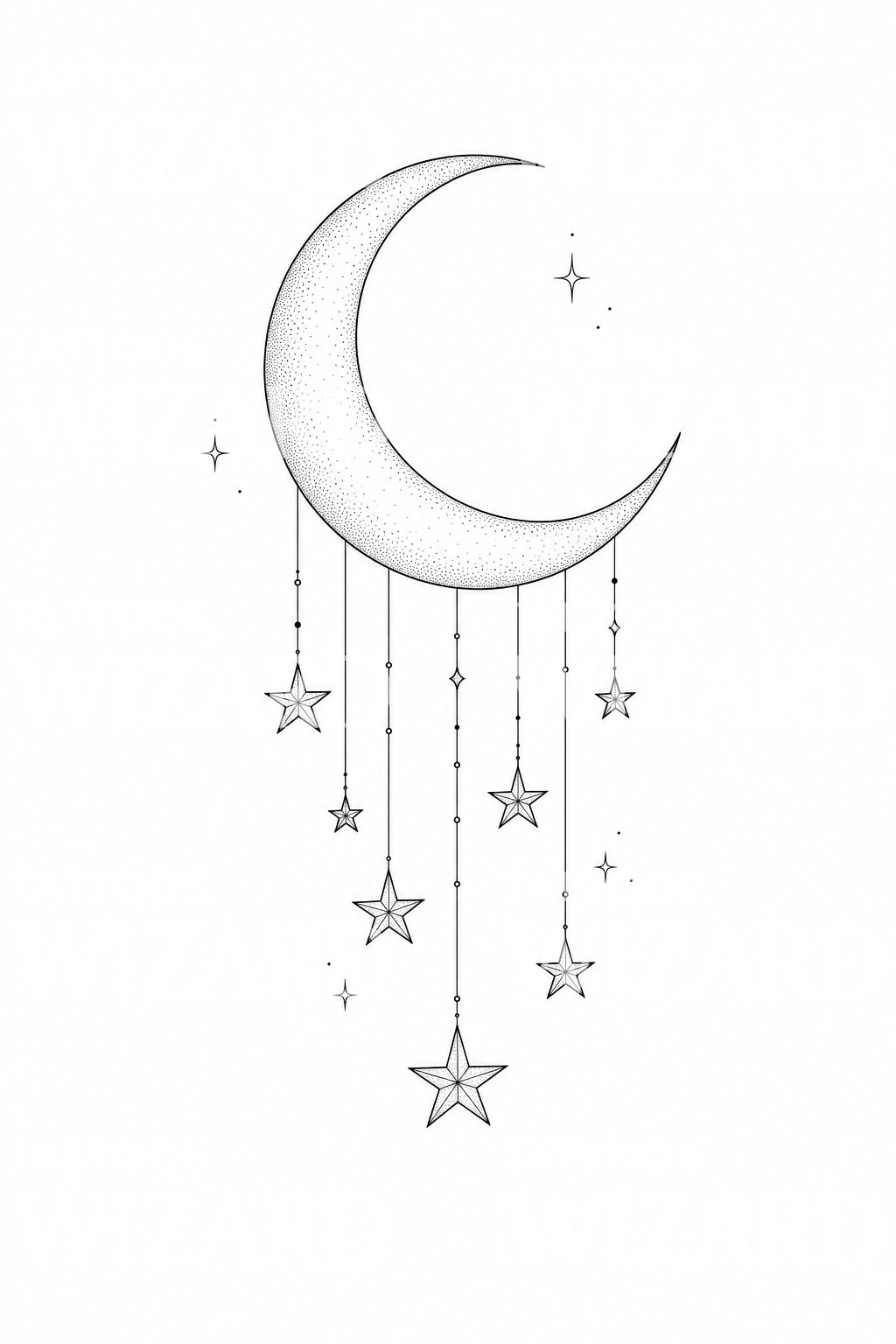 Crescent Moon Hanging Stars Tattoo Design