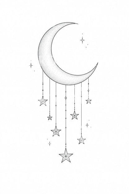 Crescent Moon Hanging Stars Tattoo Design