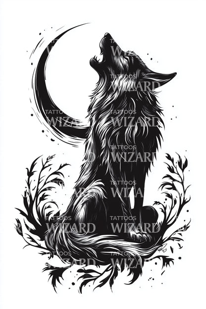 Design de tatouage Loup hurlant à la lune croissante