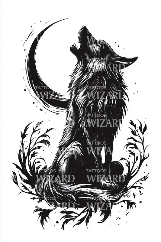 Design de tatouage Loup hurlant à la lune croissante