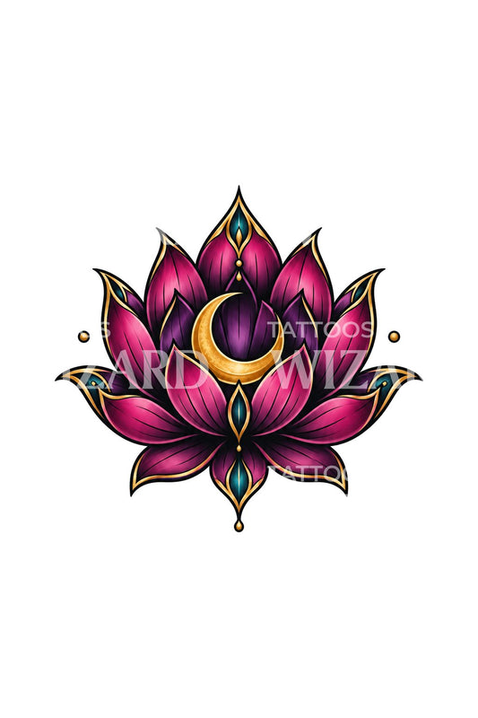 Neotraditionelles Tattoo mit Mondsichel und Lotus