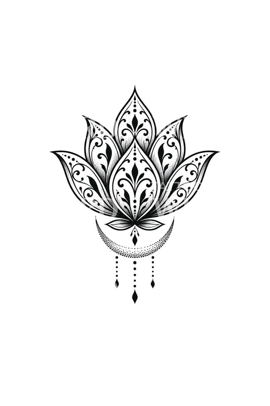 Ornamentalt blackwork-tatoveringsdesign med halvmåne og lotus