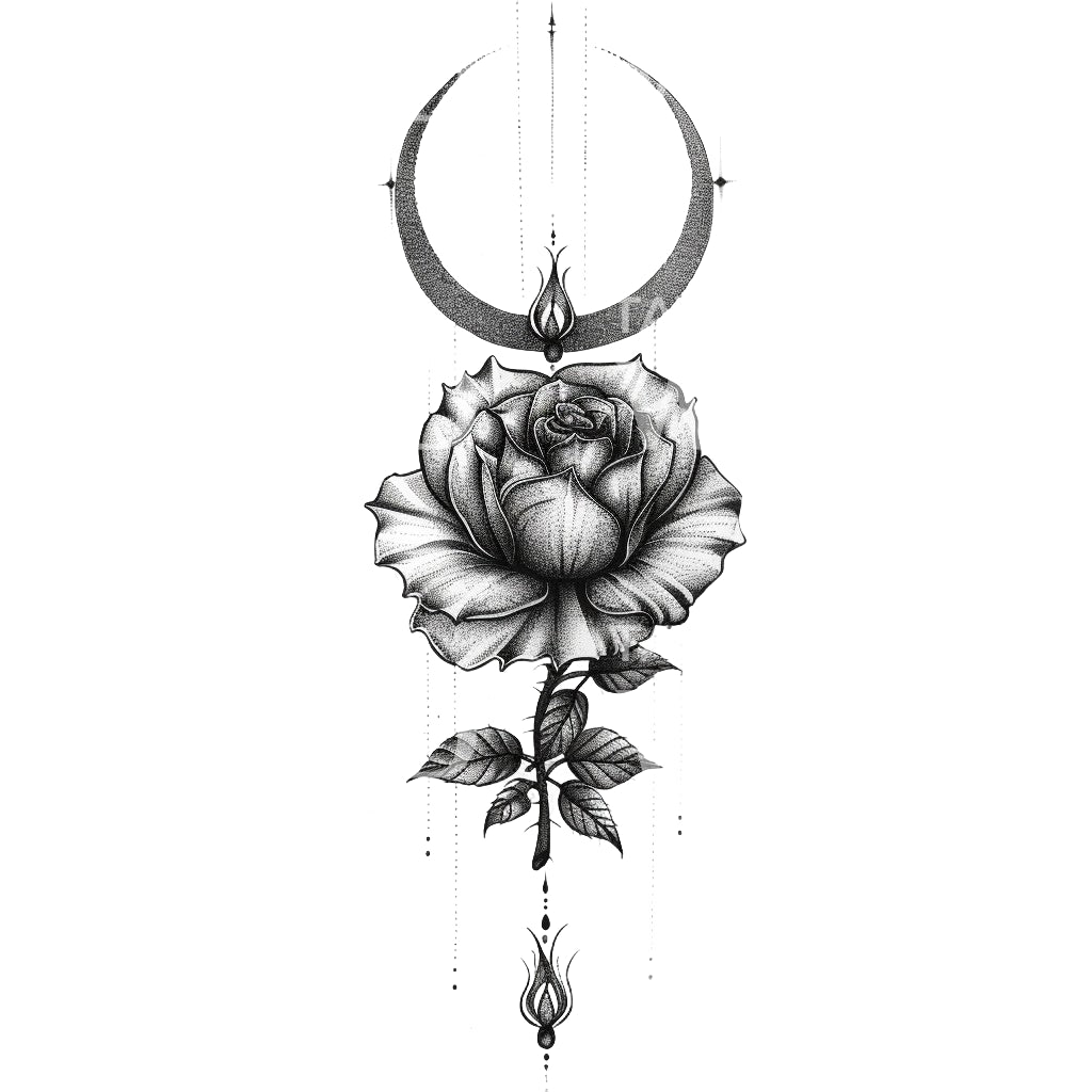 Tattoo-Design mit Halbmond und Rose