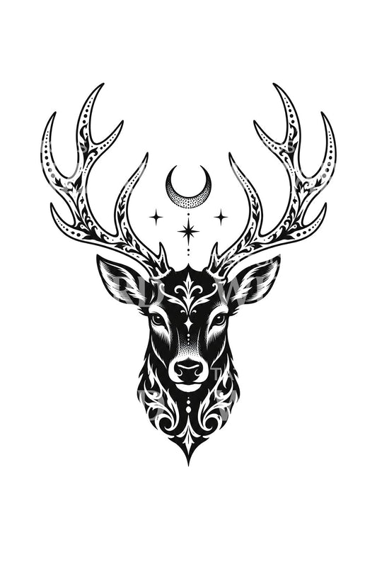 Blackwork szarvas és holdsarló tetoválásötlet