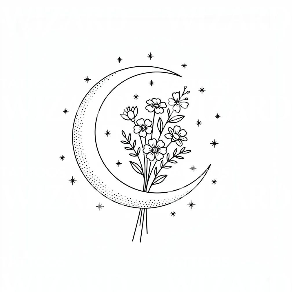 Crescent Moon with Wildflowers Tattoo Illustration