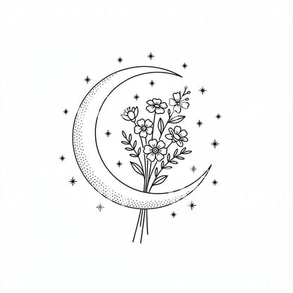 Crescent Moon with Wildflowers Tattoo Illustration