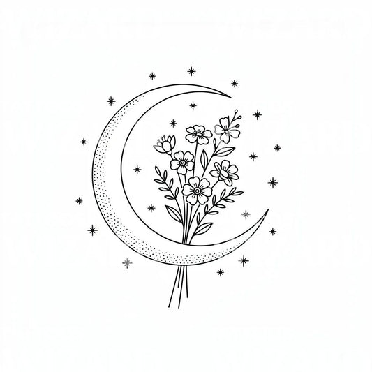 Crescent Moon with Wildflowers Tattoo Illustration