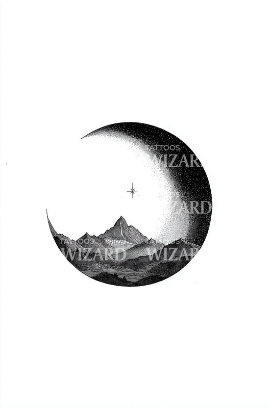Crescent Over Peaks Tattoo Design